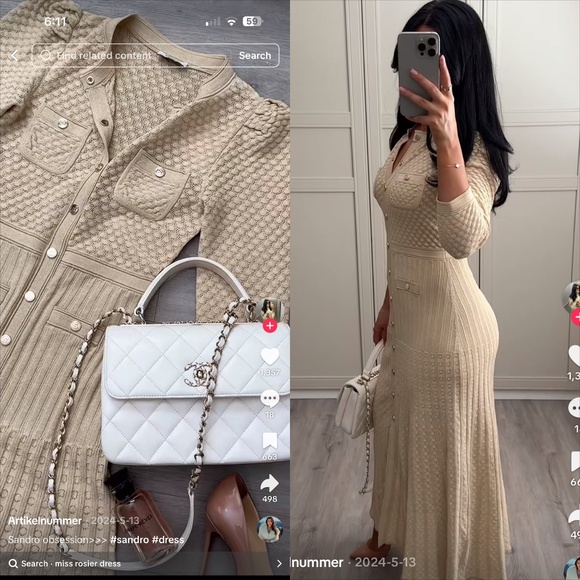 Sandro Ramina VIRAL TIKTOK metallic gold beige puff sleeve knit midi dress - Picture 2 of 9